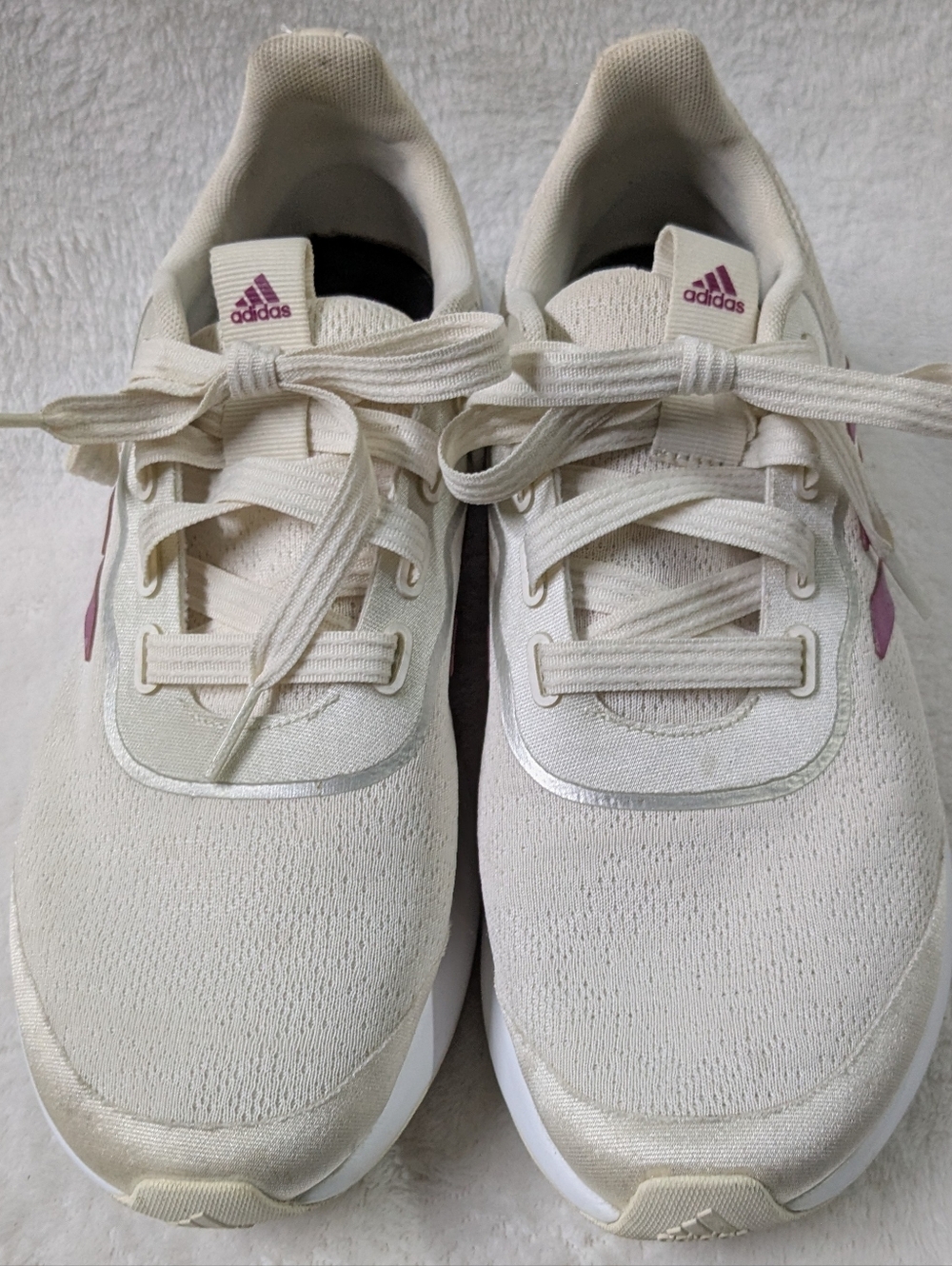 Adidas Cream Knit Athletic Sneakers with Pink/Purple Reflective Accents Size 8